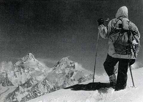 
One of the last photos of Hermann Buhl attempting to climb Chogolisa on June 26, 1957. To the left is K2 and in the centre is Broad Peak. - Hermann Buhl Climbing Without Compromise book
